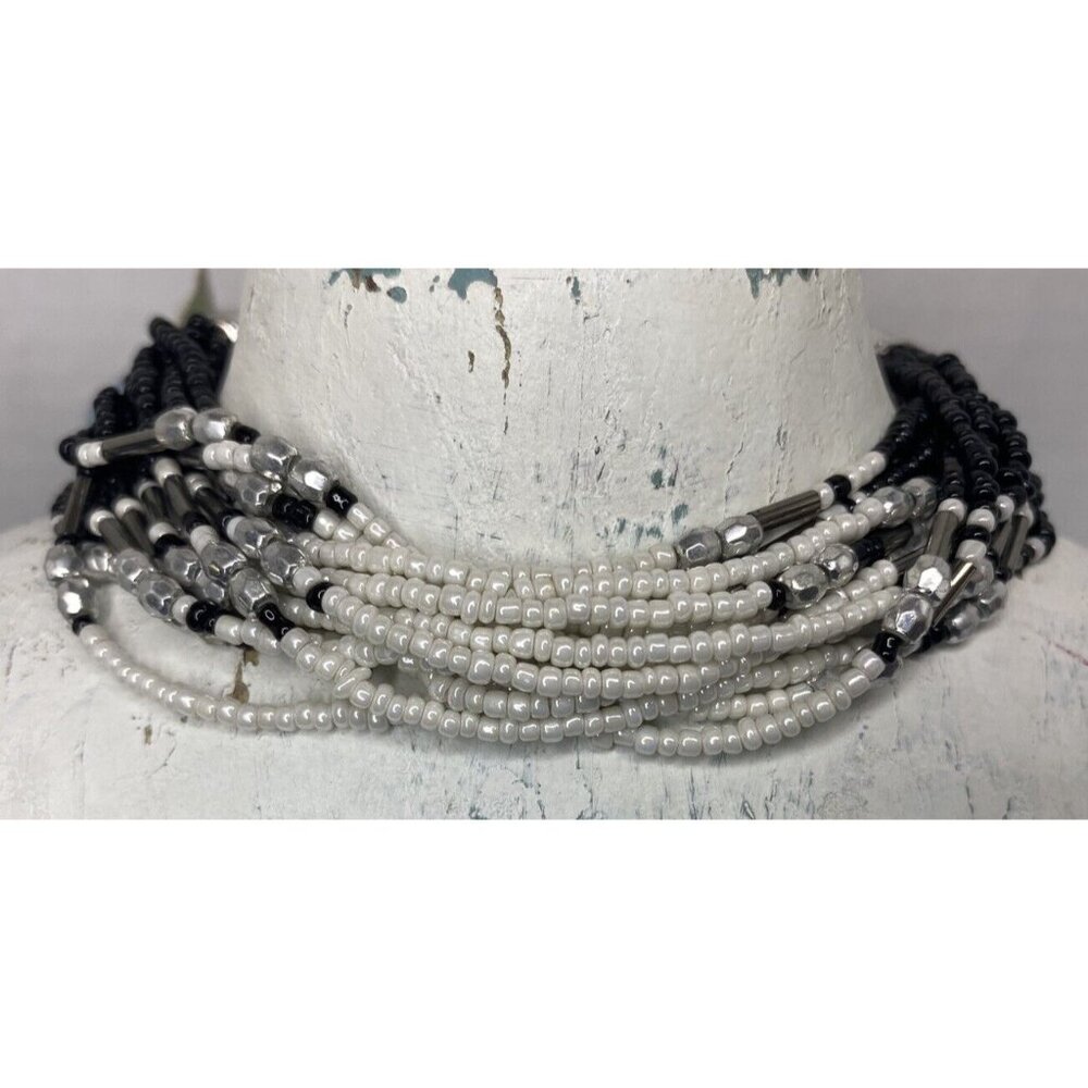 Glass Bead BRACELET Braided Seed Bead Chunky Southwesten Jewelry Black & White - Picture 2 of 5